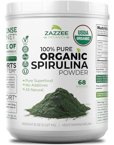Best Spirulina Powders #7 from Zazzee Zazzee Organic Spirulina Powder, 8 Ounces, USDA Certified, 68 Servings, 100% Pure, Kosher, Non-Irradiated, Mess-Free Wide Mouth Container, Fresh Smell and Neutral Taste, Non-GMO, Gluten-Free
