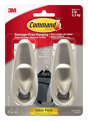 Best Key Holders for Wall #5 from Command Command 5 lb Large Brushed Nickel Metal Hooks, 2 Coat Hooks and 4 Strips, Damage-Free Hanging with Adhesive, Great for Christmas Decorations