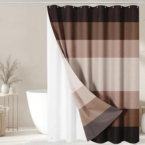 Best Brown Shower Curtains #2 from Nesphy Nesphy Shower Curtain and Liner, Brown Striped 3 in 1 Shower Curtain and PEVA Liner Set with 12 Rust-Resistant Metal Hooks, Waterproof Fabric Shower Curtains for Bathroom, 72 W x 72 H
