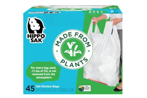 Best Biodegradable garbage bags #5 from Hippo Sak Hippo Sak - Plant Based Tall Kitchen Garbage Bags with Ergonomic Handles - 13 Gallon Trash Bags - Recyclable & Reduced Carbon Footprint - Super Strong and Leak Proof Tall Kitchen Trash Bags (45 Count)