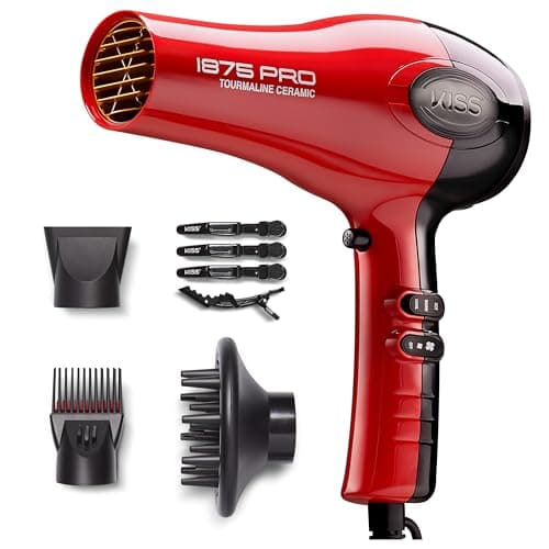 Best Hair Dryers #5 from KISS KISS 1875 Watt Pro Tourmaline Ceramic Hair Dryer, Styling Edition, 3 Heat Settings, 2 Speed Settings, Cool Shot Button, 7 Blow Dryer Accessories Included, 2-Year Warranty - Red
