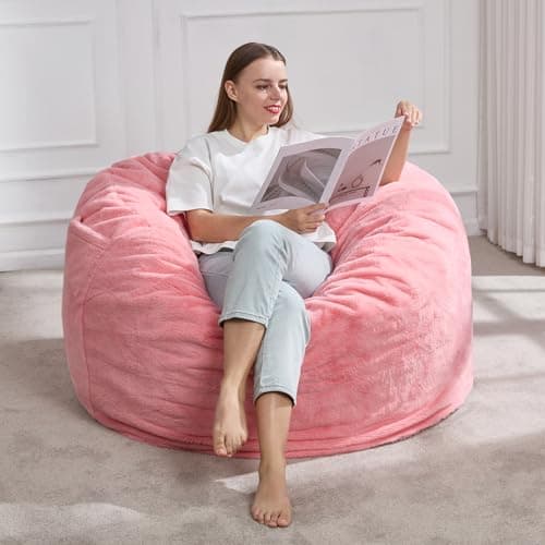 Best Pink Bean Bag Chairs #6 from Hobestluk Hobestluk 3ft Bean Bag Chairs for Adults Large Beanbag Chair with Plush Faux Fur Cover Big Bean Bag Chair for Living Room Bedroom Dorm Office -Pink (36” x 36” x 22”)