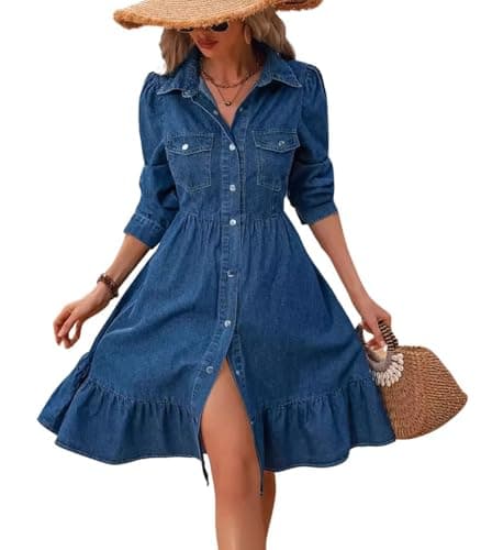 Best Denim Dresses #1 from utcoco utcoco Women's Flowy Denim Dress 2025 Vacation Lapel Long Puff Sleeve Button Down A Line Swing Ruffle Jean Dress (X-Large, Blue)