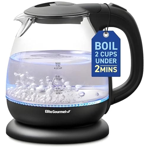 Best Electric Kettles for Tea #1 from Elite Gourmet Elite Gourmet EKT1001 Electric 1.0L BPA-Free 1100W Glass Kettle Cordless 360° Base, Stylish Blue LED Interior, Handy Auto Shut-Off Function – Quickly Boil Water For Tea & More, Black