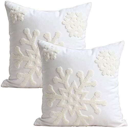 Best Christmas Pillow Covers #10 from Elife Elife 18x18 Soft Canvas Christmas Winter Snowflake Style Cotton Linen Embroidery Throw Pillows Covers w/Invisible Zipper for Bed Sofa Cushion Pillowcases for Kids Bedding (1 Pair, White)