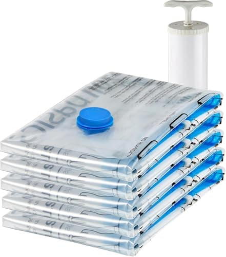 Best Vacuum Storage Bags #3 from Amazon Basics Amazon Basics Vacuum Compression Zipper Storage Bags With Hand Pump, Medium, Clear, 5-Pack, White, Sky Blue