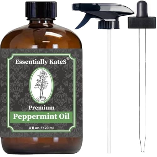 Best Peppermint Essential Oils #4 from Essentially KateS Peppermint Essential Oil 4 oz. with Huge Glass Bottle, Glass Dropper, and Sprayer. Detailed User's Guide E-Book. Skin Care, Garden Care, and Hair Care.