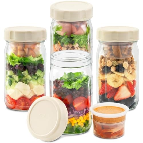 Best Salad Containers #1 from SOLIGT SOLIGT 4 Pack Glass Salad Jars with Lids Meal Prep, Leakproof Container for Lunch, Two Small Built-in Boxes with Wet/Dry Separation for Salad Dressing and Dry Ingredients, 32oz Mason Jars