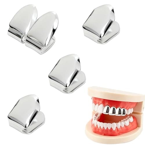 Best Grill Accessories Kits #7 from UAIAGM UAIAGM 4PCS Silver Tooth Cap Grillz Single Grill Caps for Teeth Stylish Fake Front Grills for Men and Women Silver Hip Hop Mouth Piece Grillz Kit Fashion Jewelry Accessory for Party Wear