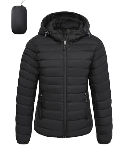 Best Packable Puffer Jackets for Travel #10 from LZACTOIN-X LZACTOIN-X Women's Lightweight Packable Puffer Jacket Quilted Insulated Warm Winter Coat Full-Zip Hooded Outerwear for Hiking Travel Black Large