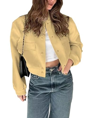 Best Yellow Jacket for Women #8 from Megfie Megfie Womens Cropped Bomber Jacket Button Down Varsity Jackets Shackets With Pockets(0394-Yellow-M)