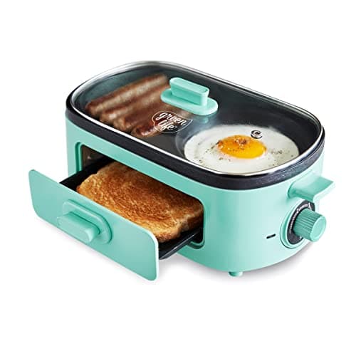 Best Breakfast Maker Stations #10 from GreenLife GreenLife 3-in-1 Breakfast Maker Station, Healthy Ceramic Nonstick Dual Griddles for Eggs Meat Sausage Bacon Pancakes and Breakfast Sandwiches, 2 Slice Toast Drawer, Easy-to-use Timer, Turquoise