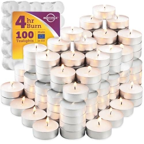 Best White Candles #8 from MontoPack MontoPack Unscented Tea Light Candles 100 Pack | 4 hours, White, Smokeless, Dripless Small Votive Paraffin Tealights | Long-Lasting for Home, Shabbat, Weddings, Events, Emergencies | Mini Candles Bulk