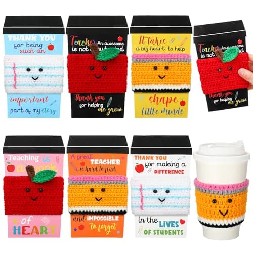 Best Valentine's Day Gifts for Teacher #9 from Zhehao Zhehao 6 Set Valentine's Day Teacher Appreciation Gifts Crochet Coffee Cozy Cup Sleeve Thank You Coffee Cup Gift Card Back to School Teacher Appreciation