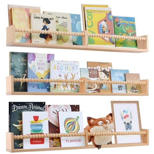 Best Kids Bookshelf for Walls #4 from birola birola Nursery Book Shelves for Kids Rooms - 32 Inches Floating Wall Bookshelves Set of 3, Space-Saving Nursery Shelves with Beads Design for Kids Room, Bedroom and Study Room(Natural)