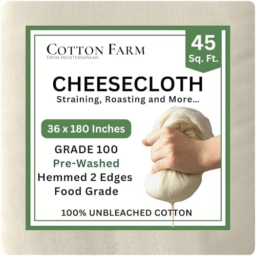 Best Cotton Cheeseclothes #8 from COTTON FARM FROM MEDITERRANEAN Cotton Farm Grade 100 Premium Cheese Cloths - Precision Straining & More; 45 Sq Ft (5x1 yards); 100% Unbleached Cotton Cheesecloth; Reusable with Hemmed 2 Edges; Ultra-Dense (the finest) Butter Muslin