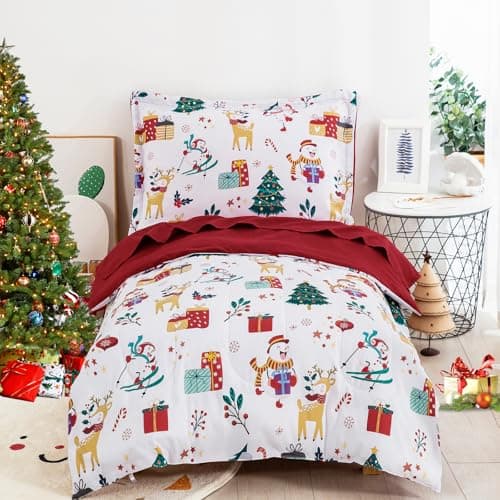 Best Christmas Bedding for Kids #8 from WONGS BEDDING WONGS BEDDING Toddler Bedding Set, Snowman Elk Christmas Tree Pattern, 4 Piece Soft Microfiber Christmas Bed Set