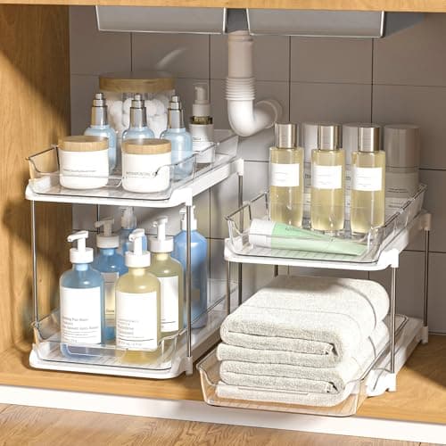 Best Under Sink Cabinet Organizers #2 from Delamu Delamu 2-Tier Multi-Purpose Bathroom Under Sink Organizers and Storage, Stackable Kitchen Pantry Organization, Pull Out Medicine Cabinet Organizer with Movable Dividers, White, 2 Pack
