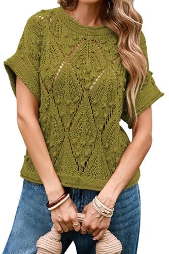 Best Knitted Crop Tops for Summer #6 from Cakulo Cakulo Womens Short Sleeve Summer Fall Crochet Sweaters Lightweight 2025 Boho Crop Tops Knit Fashion Clothes Green L