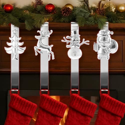 Best Stocking Holders #1 from ANOEPUY ANOEPUY Stocking Holders for Mantel, 4 PCS Mantle Garland Hanger,Snowman, Reindeer, Christmas Tree and Father Christmas Designs, with Non-Slip Base Hooks, Silver