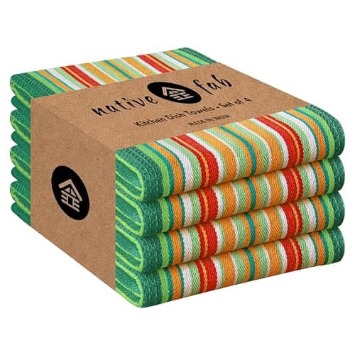 Best Cotton Kitchen Towels #8 from Native Fab Native Fab Mexican Salsa Stripe Kitchen Towels, 4 Pack, 18x28 Inches, 100% Cotton, Soft, Super Absorbent Dish Towels for Drying Dishes, Everyday Kitchen Use, Reusable, Washable, Green