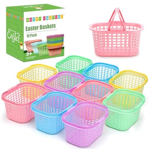 Best Easter Baskets #7 from AUUGUU AUUGUU 10 Pack Easter Baskets for Kids, Plastic Easter Bags with Handles, Easter Bucket Bags Filled with Grass for Easter Egg Hunt, Perfect Theme Party Favors