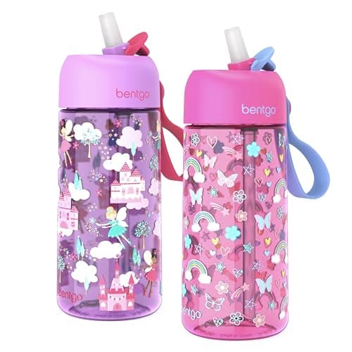 Best Kids Water Bottles #9 from Bentgo Bentgo Kids Water Bottle 2-Pack - Leak-Proof, Durable Tritan, BPA-Free 15 oz Cup for Kids/Toddlers 3+; Flip-Up Straw; Dishwasher Safe for School/Sports/Daycare/Camp (Rainbows & Butterflies/Fairies)
