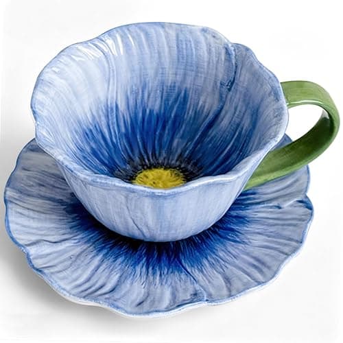 Best Flower Tea Cups #4 from JUSONEY JUSONEY 11.8 oz Tea Cups and Saucers, Ceramic Flower-shaped Cappuccino Cup, Latte Cup and Saucer set, elegant floral Espresso Cup set, cups are microwave and dishwasher safe-Blue