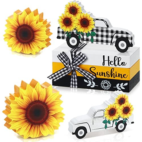 Best Summer Decors #5 from Yalikop Yalikop 5 Pcs Sunflower Table Decorations Summer Tiered Tray Decor Mini Wooden Decorative Books Stack with Twine with Wood Truck Sign for Home Kitchen Shelf Tabletop Centerpieces