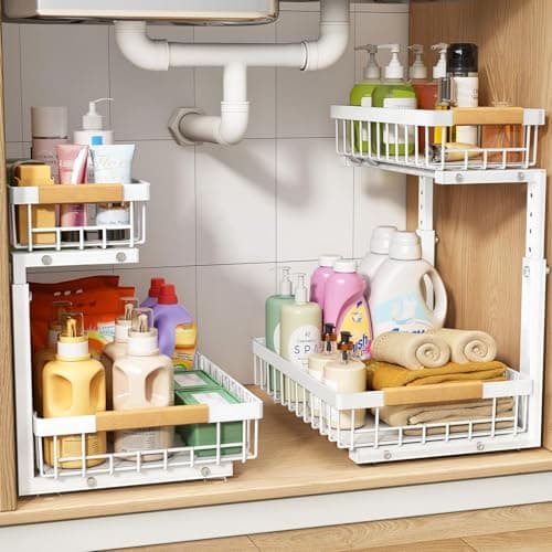 Best Under Sink Cabinet Organizers #7 from PXRACK PXRACK 2 Pack Under Sink Organizer,Adjustable Height,2 Tier Pull Out Under Cabinet Organizer,Slide Out Thickened Metal Under Sink Storage for Kitchen Bathroom Laundry Cabinet Pantry,White(L)