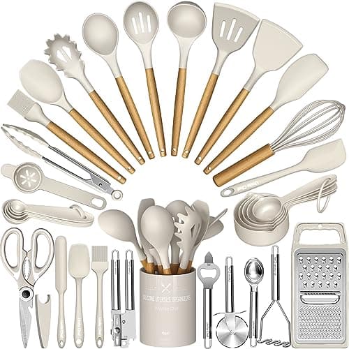 Best Kitchen Essentials #8 from Umite Chef Umite Chef Silicone Kitchen Utensil Set, 34PCS Heat Resistant Kitchen Gadgets and Tools With Grater, Wood Handles for Nonstick Cookware