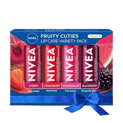 Best Lip Tints #1 from NIVEA NIVEA Lip Care, Fruity Tinted Lip Balm Variety Pack, Cherry, Strawberry, Blackberry and Watermelon Flavors, 3-in-1 Moisture, Repair and Color, 0.17 Oz Stick, Pack of 4