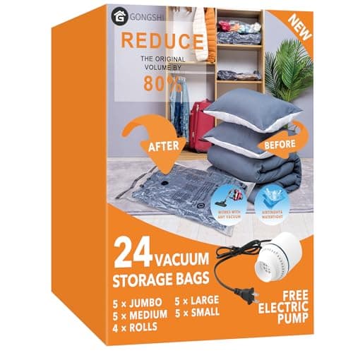 Best Vacuum Storage Bags #5 from GONGSHI 24 Pack Vacuum Storage Bags with Electric Pump, (5 Jumbo, 5 Large, 5 Medium, 5 Small, 4 Roll Up Bags) Space Saver Bag for Clothes, Mattress, Blanket, Duvets, Pillows, Comforters,Travel
