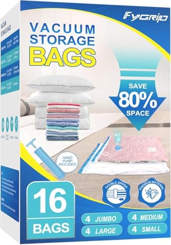 Best Vacuum Storage Bags #8 from FYGRIP Fygrip 16 Pack Vacuum Storage Bags with Hand Pump, 4 Jumbo + 4 Large + 4 Medium + 4 Small Plastic Packaging Bags, 80% Space Saver Vacuum Seal Bags for Clothing, Travel Lugggage, Blankets, Comforters