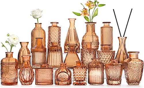 Best Orange Vases #7 from QLOFEI Amber Glass Bud Vases -Set of 20 for Flowers, Small Amber Bud Vases in Bulk for Centerpieces Decor, Mini Glass Set for Home Table Decorations