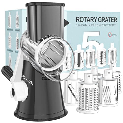 Best Cheese Graters #5 from Cambom Cambom 5 in 1 Rotary Cheese Grater Hand Crank Cheese Shredder for Fresh Cheese, Vegetable, Nuts,Non-slip Suction Base, Black