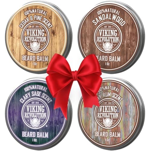 Best Beard Balms #4 from Viking Revolution Viking Revolution 4 Beard Balm Variety Pack (1oz Each) - Sandalwood, Pine & Cedar, Bay Rum, Clary Sage - Styles, Strengthens and Softens Beards and Mustaches - Wax for Men