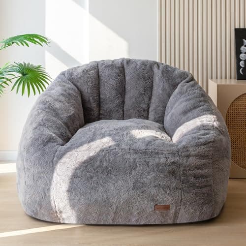 Best Grey Bean Bag Chairs #7 from MAXYOYO MAXYOYO Giant Bean Bag Chair, Oversized Bean Bag Couch for Adults and Kids, Faux Fur Shell-Shaped Large Chair with Filler, Stuffed Big Accent Sofa Lounge Floor Sofa for Gaming, Reading, Dark Grey