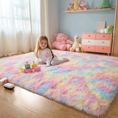 Best Fuzzy Rugs for Kids #8 from KICHOWUA Fluffy 4x6 Area Rugs for Girls Bedoom, Rainbow Soft Washable Shag Carpet for Kids Room, Nursery, Dorm Decor, Colorful Cute Plush Fuzzy Rugs for Baby Toddler