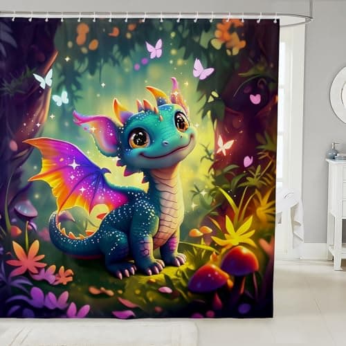 Best Dragon Shower Curtains #2 from Castle Fairy Castle Fairy Cute Dragon Shower Curtain - Mushroom Floral Butterfly Bathroom Curtain, Purple Orange Wings Dragon, Waterproof, Dreamy Jungle Theme, 72" Wx72" L, 12 Hooks, Machine Washable