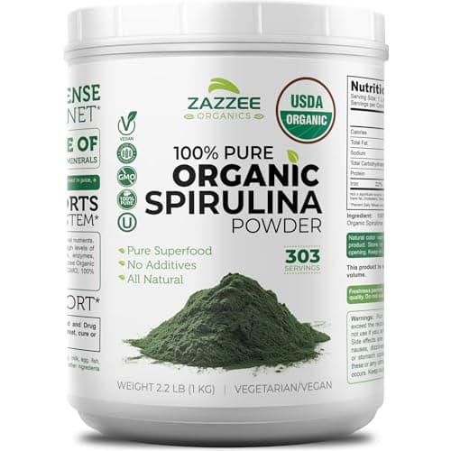 Best Spirulina Powders #9 from Zazzee Zazzee Organic Spirulina Powder, 2.2 Pounds (1 KG), USDA Certified, 303 Servings, Kosher, 100% Pure, Non-Irradiated, Mess-Free Wide Mouth Container, Fresh Smell and Neutral Taste, Non-GMO, Gluten-Free