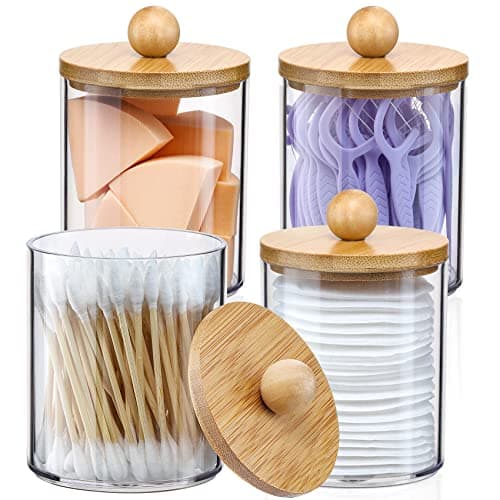 Best Small Containers with Lids #5 from VITEVER 4 Pack Qtip Holder Dispenser with Bamboo Lids - 10 oz Clear Plastic Apothecary Jar Containers for Vanity Makeup Organizer Storage - Bathroom Accessories Set for Cotton Swab, Ball, Pads, Floss