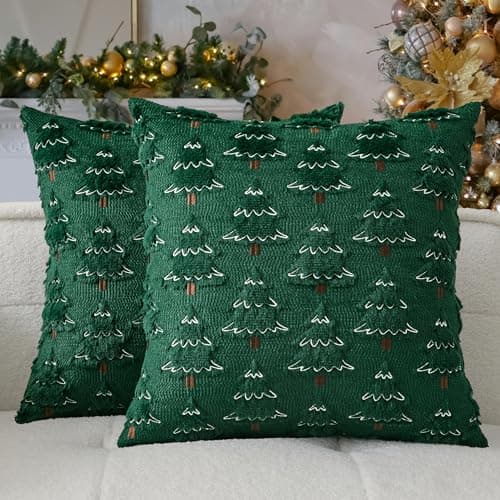 Best Christmas Pillow Covers #3 from K KEVIN TEXTILE Kevin Textile Christmas Tree Pillow Covers 18x18 Inch Set of 2 Soft Plush Faux Fur with White Snow Embroidery Decoration Pillowcases for Couch Sofa Holiday Festivals Winter Xmas Gift, Dark Green