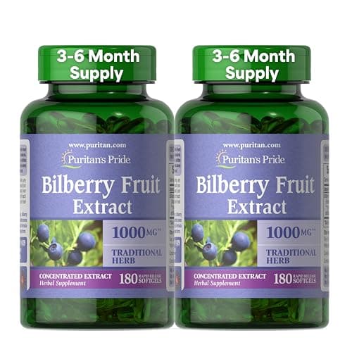 Best Bilberry Supplements #10 from Puritan's Pride Puritan's Pride Premium Bilberry Fruit Extract 250 mg (1000mg equivalent), 4:1 Concentrated Traditional Herbal Supplement, Vitamin C, 3 to 6 Month Supply, 180 Rapid Release Softgels 2-Pack