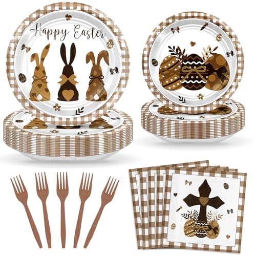 Best Easter Decorations #4 from Avezano Avezano 96 pcs Easter Plates and Napkins Disposable Happy Easter Paper Plates Dinnerware set Buffalo Plaid Brown Bunny Eggs Tableware Serves 24