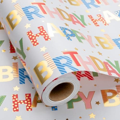 Best Birthday Gift Wrapping Papers #1 from Merture Merture Colorful Wrapping Paper Roll - 17 In X 32.8 Ft - Foil Happy Birthday Lettering & Candles Wrapping Paper for Birthday, Baby Shower, Party