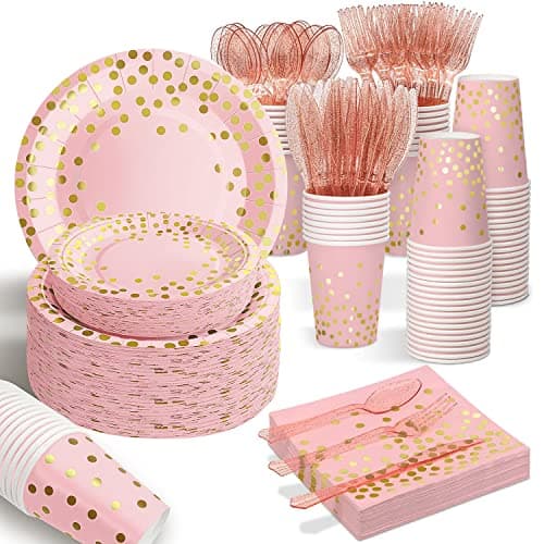 Best Pink Paper Plates #4 from AIRE AIRE 175PCS Pink Rose Gold Plates Party Supplies Severs 25 Guests Disposable Party Decorations, Plastic Forks Knives Spoons, Golden Dot Paper Plates Napkins Cups for Baby Shower Birthday Wedding