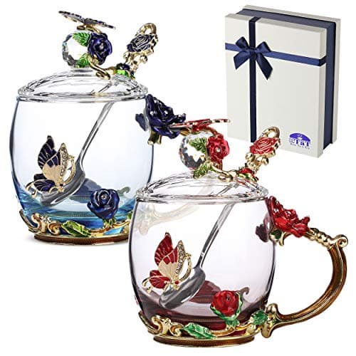 Best Flower Tea Cups #6 from Brew To A Tea BTaT- Floral Glass Tea Cups with Lids & Spoon Set, Pack of 2, 11 oz, Blue & Red, Flower Design with Gift Box, Fancy Tea Cups, Dishwasher Safe, Christmas Gifts