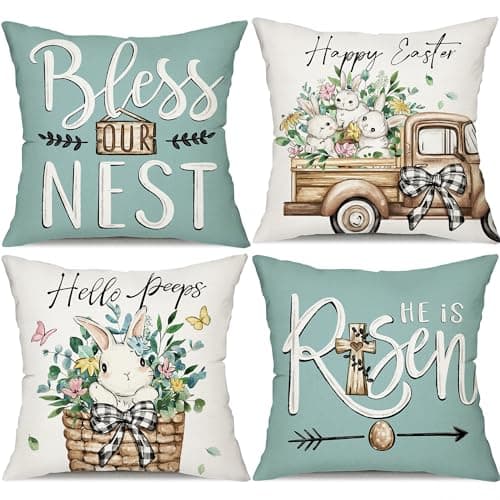 Best Easter Pillow Covers #8 from DFXSZ DFXSZ Easter Pillow Covers 18x18 Set of 4 Bunny Eucalyptus Leaves Decorations Truck Sweet Home Spring Farmhouse Pillow Covers,Polyester Cushion Case Gifts for Home Decor 175D