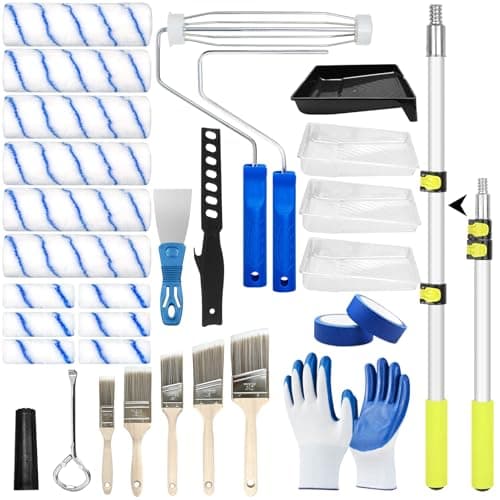 Best Paint Roller Sets #9 from Elefama 31 PCS Paint Roller Kit with Extension Pole 2 to 4 Ft,9"4"Paint Rollers Covers Frame Tray Painters Tape Professional Long Handle Paint Brush Roller Set for Painting Walls House Corner Stain Concrete